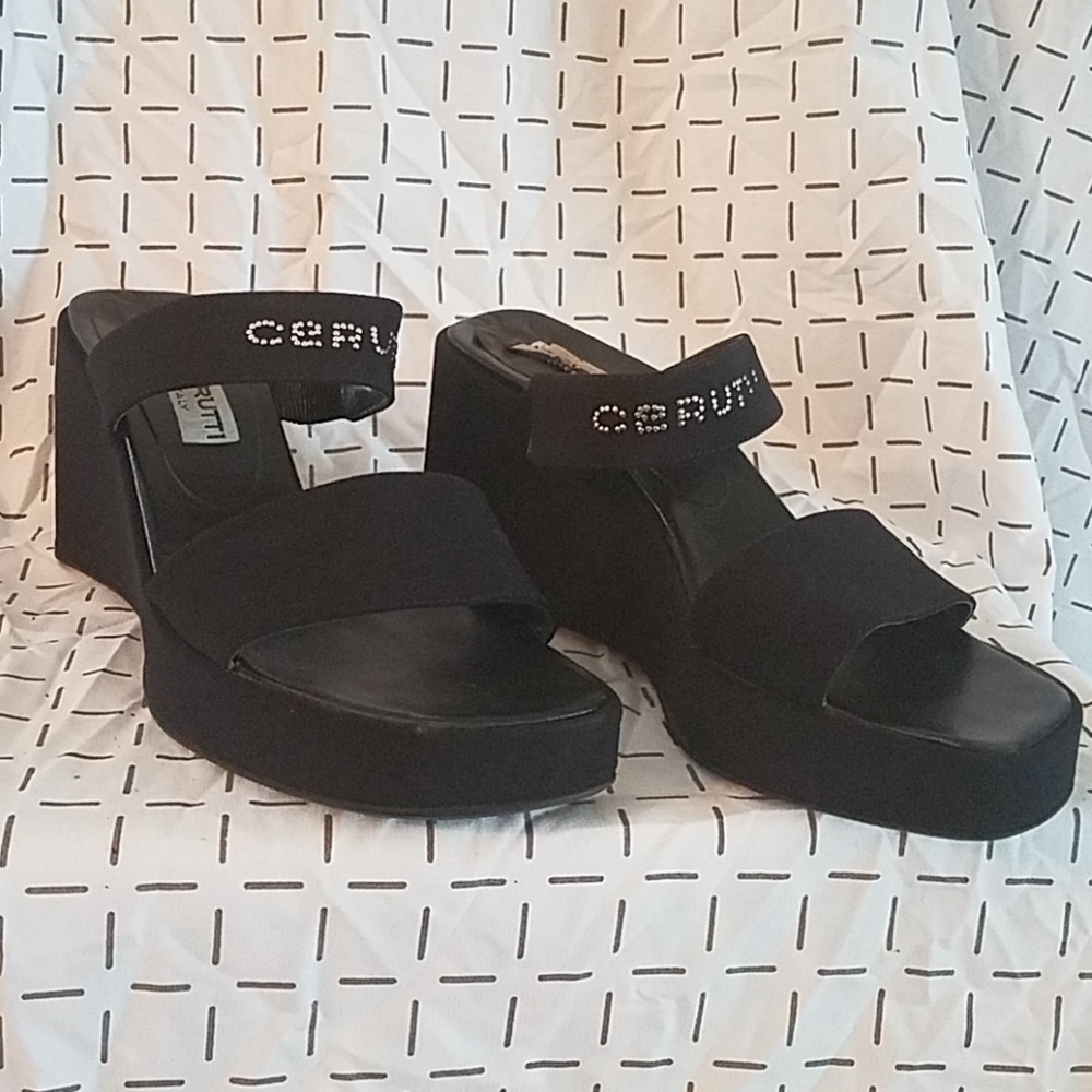 Mario Cerutti Black Wedges w/Rhinestone Sign Sz. 7
